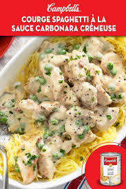 Courge Spaghetti A La Sauce Carbonara Cremeuse Cuisinez Avec Campbells Recipe Creamy Spaghetti Cooking Recipes Recipes