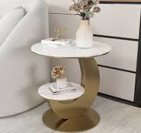 Mesa lateral redonda de mármore sintético de 2 camadas, mesa lateral  moderna em branco e dourado