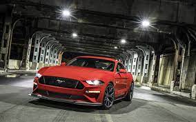 Download Wallpapers Ford Mustang Gt 2018 Performance Package Level 2 Sports Coupe Red Mustang Gt Sports Car American Cars Ford Besthqwallpapers Com Ford Mustang Gt Mustang Gt Ford Mustang