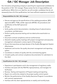 Qa / Qc Manager Job Description | Velvet Jobs