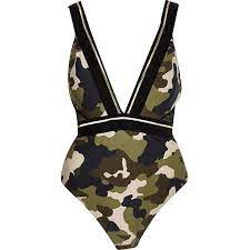 River Island Green Camo Print Plunge Swimsuit 37 Liked On Polyvore Featuring Swimwear One Piece Sw Camo Swimsuit Plunge Swimsuit Green One Piece Swimsuit