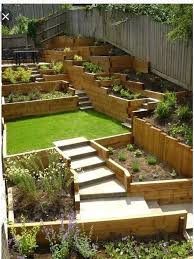 Teired Backyard Stone Wood Tiered Planters In 2020 Sloped Garden Diy Raised Garden Backyard Landscaping