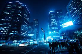 Pedestrians Crossing The Road In Jongno District Downtown Seoul South Korea 25601709 Light Blue Aesthetic Neon Blue Background Blue Aesthetic Pastel