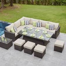 Moda Furnishings 10 Seater Rattan Corner Sofa With Gas Fire Pit Dining Table Footstools Gas Firepit Fire Pit Table Gas Fire Pit Table