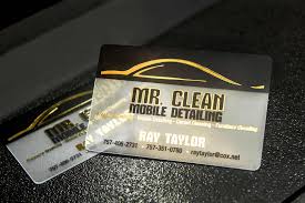 Presented on vertical business card stock. Mr Clean Mobile Detailing Frosted Business Cards