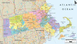 Physical map of massachusetts showing major cities, terrain, national parks, rivers, and surrounding countries with international borders and outline maps. Detailed Political Map Of Massachusetts Ezilon Maps