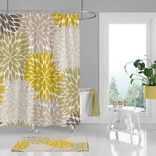 Floral Shower Curtain And Bath Mat Mustard Yellow Green Beige 4 panels metal ring curtains. floral shower curtain bath mat mustard yellow green beige