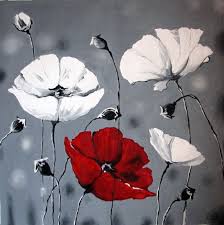 Black And White With One Color Drawing Pretty Poppy Wall Art Poppy Painting Large Abstract Painting