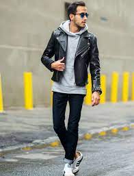 Mens Grey Hoodie And Leather Jacket Street Style Leatherjacketsformengrey Hoodie Outfit Men Gray Hoodie Outfit Edgy Leather Jacket