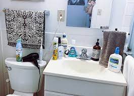 Thrift store dining set + brackets and screws + primer & paint + concrete + concrete. Small Apartment Bathroom Ideas How To Make A Tiny Bathroom Pretty Moda Misfit