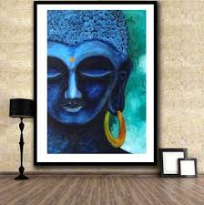 Room interior with empty concrete wall, wooden drawer cabinet with. Blue Color Printed Buddha Wall Decor Poster For Living Room No Framed Large Painting On Canvas