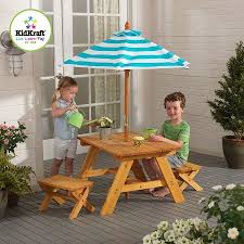 Kidkraft Outdoor Table Bench Set With Umbrella Turquoise White Walmart Com Kids Outdoor Furniture Outdoor Patio Set Kids Picnic Table
