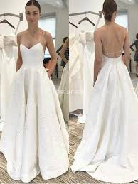 Simple V Neck Cross Back White Satin Wedding Dresses With Pockets Beach Wedding Gown Dress Strappy Wedding Dress Beach Wedding Gown White Lace Wedding Dress