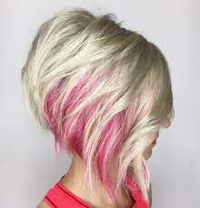 Platinum Bob With Pink Peekaboo Highlights Hair Styles Short Hair Styles Asymmetrical Haircut