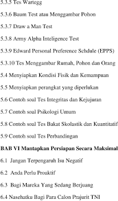 Penilaian aspek ini dilaksanakan melalui pengisian data awal calon dalam bentuk formulir daftar pada tes psikologi anda akan diberikan beberapa banyak soal yang memiliki durasi waktu. Contoh Soal Mental Ideologi Pa Pk Tni Dapatkan Contoh