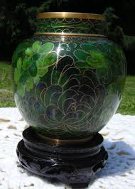 Exclusively by Wilbert 4" Green Cloisonné Momento Urn + Carved Wood Stand +  Box