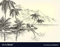 Sketch Of A Palm Tree Beach Drawing Palm Trees And Mountains Vector Image Pencil Drawing Palm Tree Beach Drawing Beach Sketches Landscape Drawings