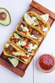 Corn And Chorizo Tacos With Avocado Cheddar Sour Cream And Salsa Katie At The Kitchen Door Recipes Chorizo Tacos Mexican Food Recipes