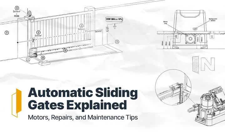Typical layout of an automatic sliding gate system, AI-genererad