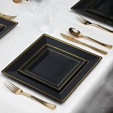 Black And Gold Plastic Plates Amazon Com Kaya Collection Disposable Black With Gold Rim Plastic Square 9 5 Quot Dinner P Plastic Dinnerware Plastic Dinnerware Sets Square Dinnerware Set