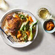 Ginger Orange Chicken Thighs With Baby Bok Choy Recipe Orange Chicken Chicken Recipes Low Calorie Chicken