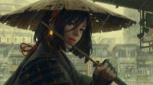 Fantasy Girl Knife Straw Hat Raining Short Hair Artwork Fantasy 2k Wallpaper Hdwallpaper Desktop Fille Fantaisie Art Samourai Cheveux Noirs Anime