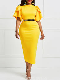 Ericdress Yellow Ruffle Sleeve Patchwork Bodycon Dress