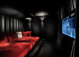 Small Space Home Theater With Lounge Style Seating And Dark Walls Home Cinema Room Modern Media Room Design Home Theater Rooms