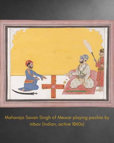 Rajput men playing the game of Puchesee - 1860s A print by Eugene Clutterbuck Impey in the early 1860s showing a group of men from Rajasthan in northern India playing pachisi. This