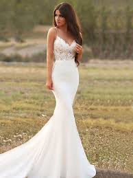 Trumpet Mermaid Sleeveless Sweep Brush Train Spaghetti Straps Applique Satin Wedding Dresses Missysin Ca