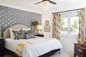 Accent Wall With Geometric Wallpaper And Colorful Drapery In Playfu Master Bedroom Wallpaper Accent Wall Bedroom Wallpaper Accent Wall Master Bedroom Wallpaper