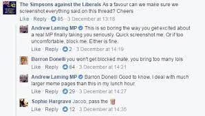 Liberal mp stands down for taking a sneaky photo of a woman accidentally flashing her underwear federal mp andrew laming has stepped down from all parliamentary roles mr laming said he would complete counselling in a statement on saturday night Queensland Mp Andrew Laming Spent The Weekend At War With A Simpsons Meme Page Huffpost Australia News