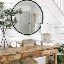 Foyer With Round Black Table Over Dark Brown Console Table Transitional Entrance Foyer In 2020 Mirror Dining Room Black Round Mirror Wood Console Table