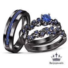 Womens Black And Blue Ring Women S 14k Black Gold Finish Blue Sapphire Wedding Engagement Trio Ring Set Black Gold Ring Wedding Ring Trio Sets Black Gold Jewelry