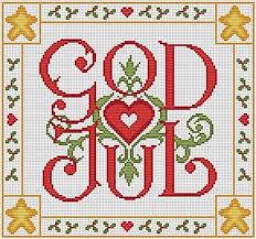 It features a grid of clean, delicate forms and a glazed tile style. God Jul Cross Stitch Pattern