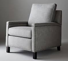 Irving square arm leather recliner with bronze nailheads, polyester wrapped cushions, vintage midnight. Tyler Leather Square Arm Recliner Chair Pottery Barn