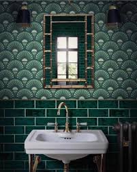 Would You Dare A Green And Gold Wallpaper For Your Bathroom We Have A Crush For This Art Deco I Unique Bathroom Tiles Glamorous Bathroom Bathroom Tile Designs