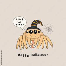 Hand drawn vector illustration of a kawaii funny spider, with text Happy  Halloween, Trick or treat in a speech bubble. Isolated objects. Line drawing.  Design concept for print, card, party invitation. Stock