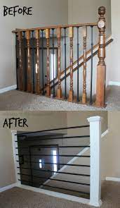 Installations on stairs with even slightly different pitch will result in vertical edges of glass being off. Stair Railing Diy Makeover Home Remodeling Diy Home Remodeling Diy Stair Railing