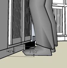 The toe kick portion of the cabinet is 4 1/2 h, the standard door height is 24 h, and the top drawer height is 6 h (equaling 34 1/2 h total). Best Toe Kick Dimensions For Cabinet Design