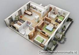 Denah Rumah Minimalis Sempit 3d 1 Lantai 3 Kamar Tidur 3d House Plans Home Layout Design House Design