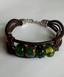Lampwork Bracelet Leather Green Summer Unisex Bileklik Boncuk