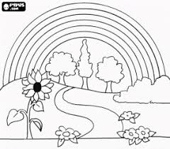 Coloriage Paysage Au Printemps Avec Des Fleurs Des Arbres Et Des Arc En Ciel Coloriage Paysage Coloriage Printemps Coloriage Arc En Ciel