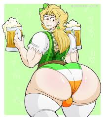 alduinafterdark, dio brando, jojo no kimyou na bouken, highres, 1boy,  alcohol, ambush (trap), ass, beer, beer mug, blonde hair, clover hair  ornament, cup, fangs, four-leaf clover earrings, four-leaf clover hair  ornament, green