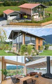 Modernes Haus Mit Satteldach Garage Holz Fassade Mit Viel Glas Bauen Grundriss Offen Mit Galerie In 2020 Home Decor Outdoor Decor Home