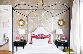 Sleigh bed in a gold and silver bedroom interior. Black And Gold Bedroom With Silver And Taupe Wallpaper Transitional Bedroom