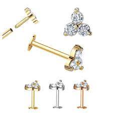 14k Gold Trinity Flatback 18g Push In Stud Lip Nose Cartilage Single Earring Cartilage Earrings Stud Flat Back Earrings