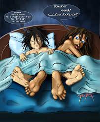 2girls after sex avatar the last airbender barefoot bed bedhead  bedroom black hair blue eyes brown hair caught caught in the act  dark-skinned female dark skin dialogue earth kingdom
