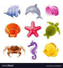 Colorful Cartoon Icon Set Of Sea Animals Vector Image Ocean Creatures Art Cartoon Sea Animals Creature Design