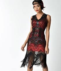 Unique Vintage 1920s Deco Red Black Veronique Fringe Flapper Dress Fringe Flapper Dress Flapper Dress Dresses
